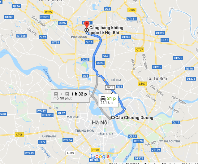 Cung đường di chuyển tới sân bay Nội Bài bằng cầu Chương Dương 