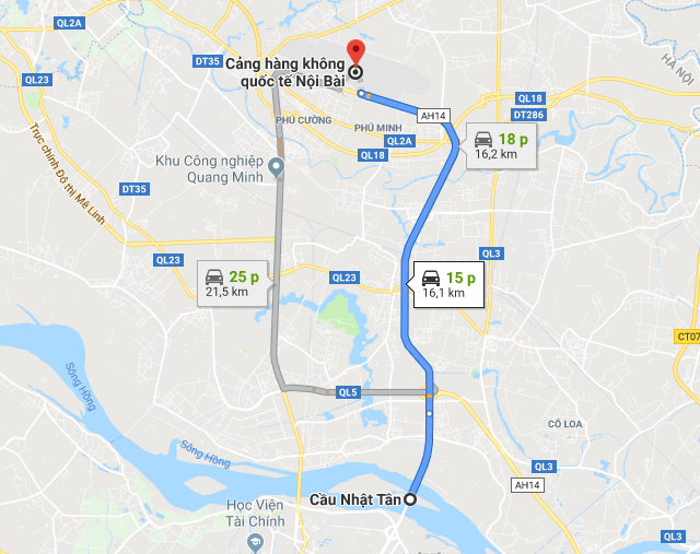 Cung đường di chuyển tới sân bay Nội Bài bằng cầu Nhật Tân 